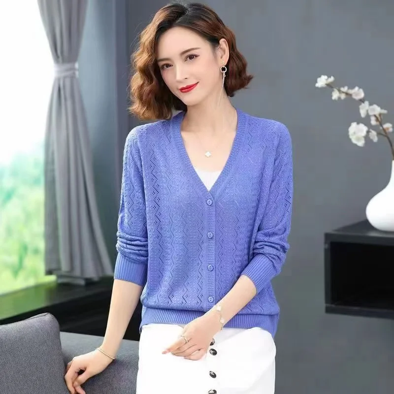 Churchf Churchf Summer Empty Hollow Coat Casual Long Sleeve Loose Knit Cardigan Women's V-Neck Thin Top