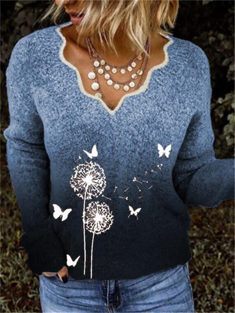 Women Long Sleeve V-neck Graphic Floral Printed Top