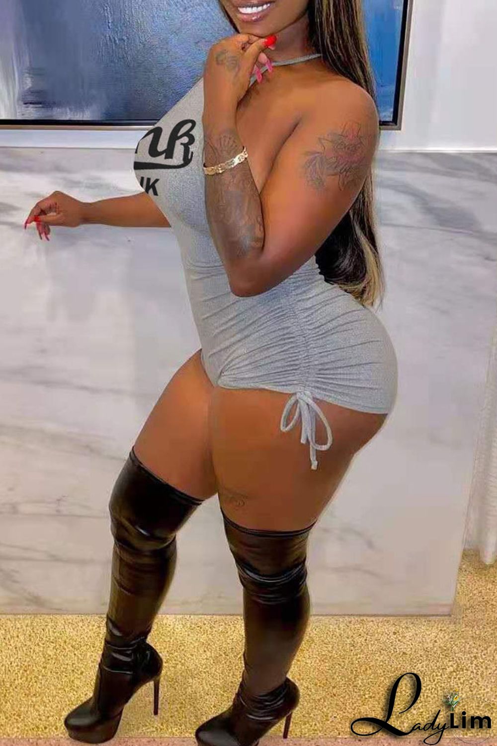 Sky Blue Fashion Casual Letter Print Backless Halter Skinny Romper