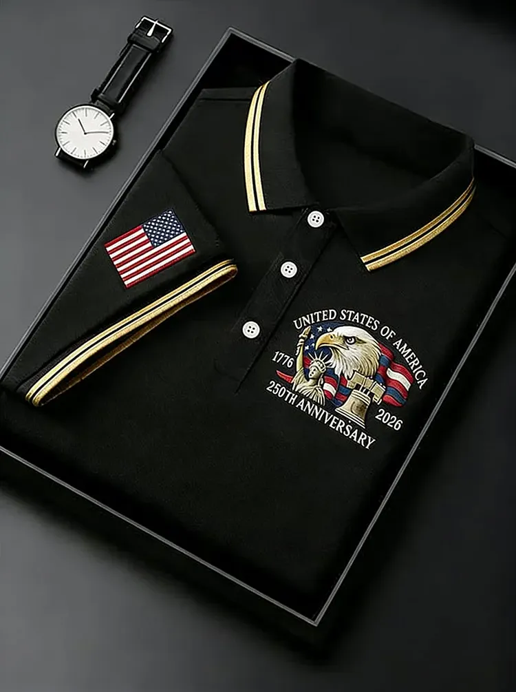 37Necklaces Men's Retro 250th Anniversary of the United States Independence Day Cross Print Polo Shirt