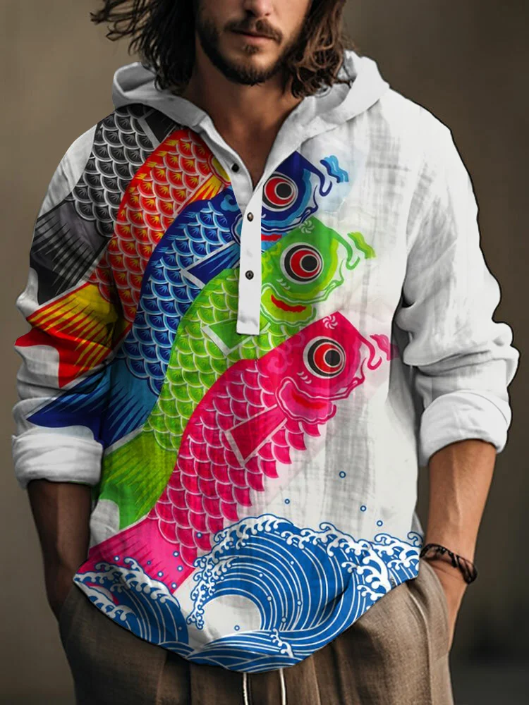 Men's Japanese Colorful Fish Art Linen Hooded Long Sleeve Shirt