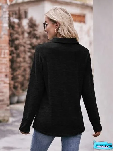 Decorative Button Johnny Collar Long Sleeve Blouse