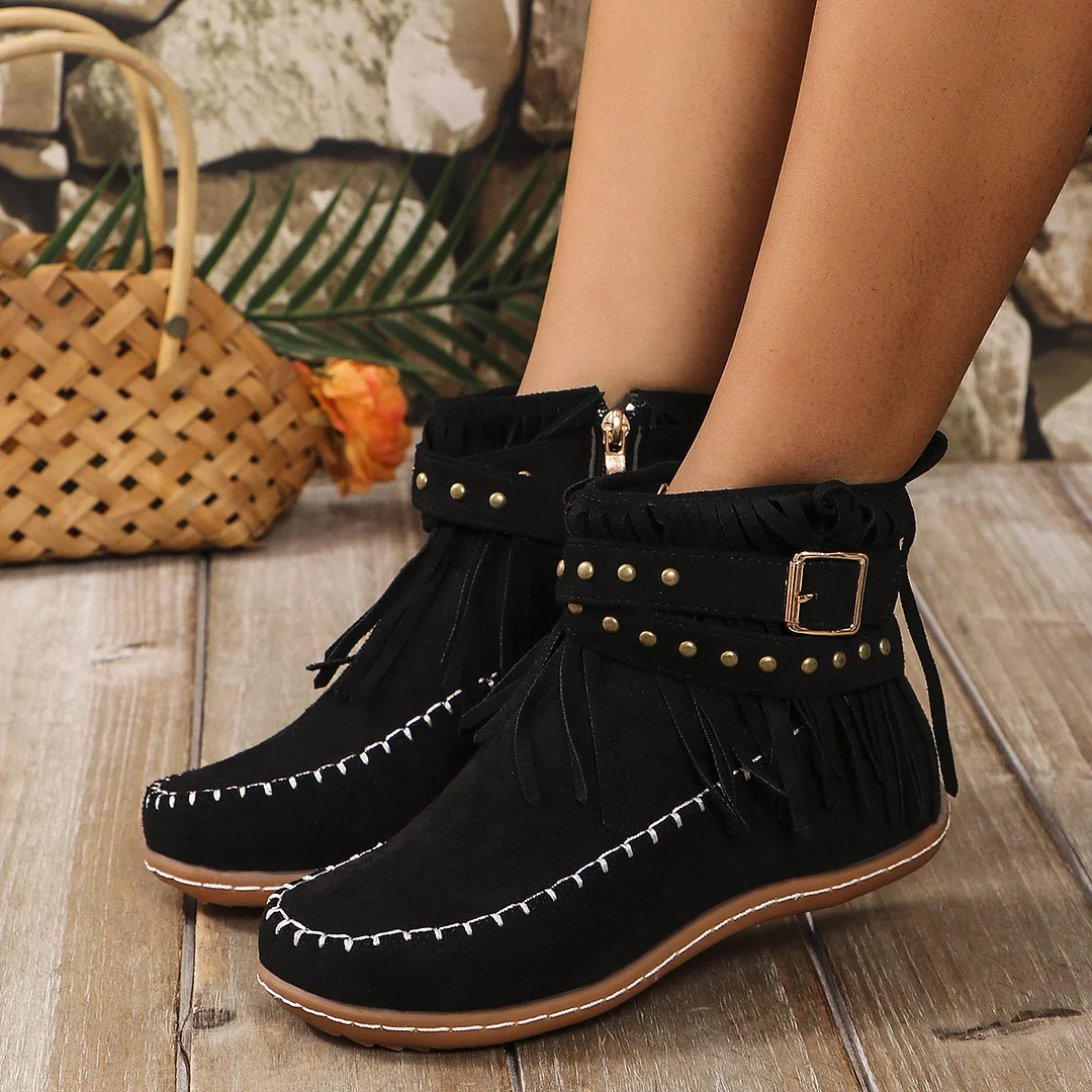 Women's Winter Boots Fashion Studded Fringed Suede Shoes