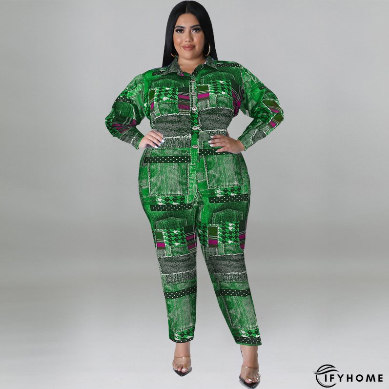 Plus Size Women's Fall Print Long Sleeve Jumpsuit | IFYHOME