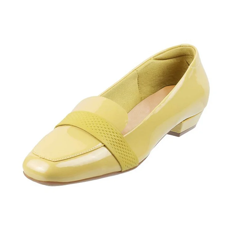 Yellow Patent Leather Closed Square Toe Low Heel Women's Loafers |FSJ Shoes