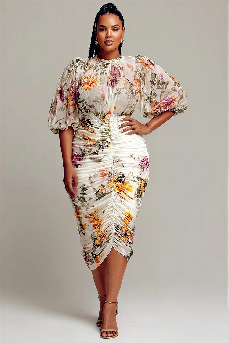 Xpluswear Design Plus Size Cocktail Party Elegant White Floral Round Neck Puff Sleeve Short Sleeve Bodycon Fold Chiffon Midi Dresses [Pre-Order] 2024 - Xpluswear