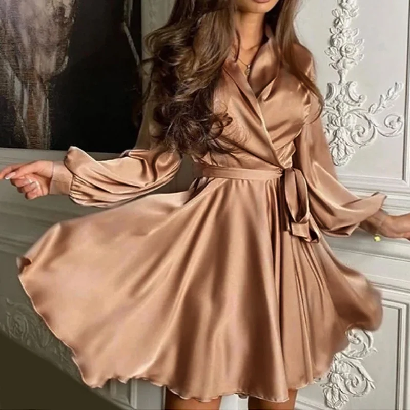Uveng Uveng Solid-Colored Stuff Temperament Commuter Long-Sleeved V-Neck Official Picture Skirt Dress