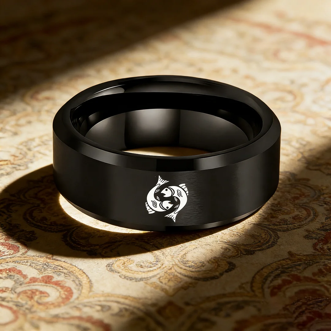 Mens Womens Black Pisces Tungsten Carbide Bands Black Edges and Laser Etched Wedding Rings Comfort Fit 4MM 6MM 8MM Width