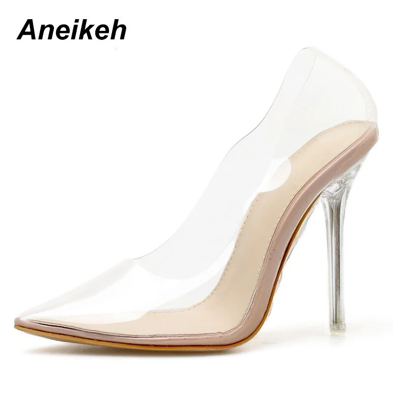 Aneikeh 2021 Spring Summer Jelly Clear Plastic Transparent PVC Pumps Club Fashion Sexy Party Fine Female High Heels Shoes 41 42