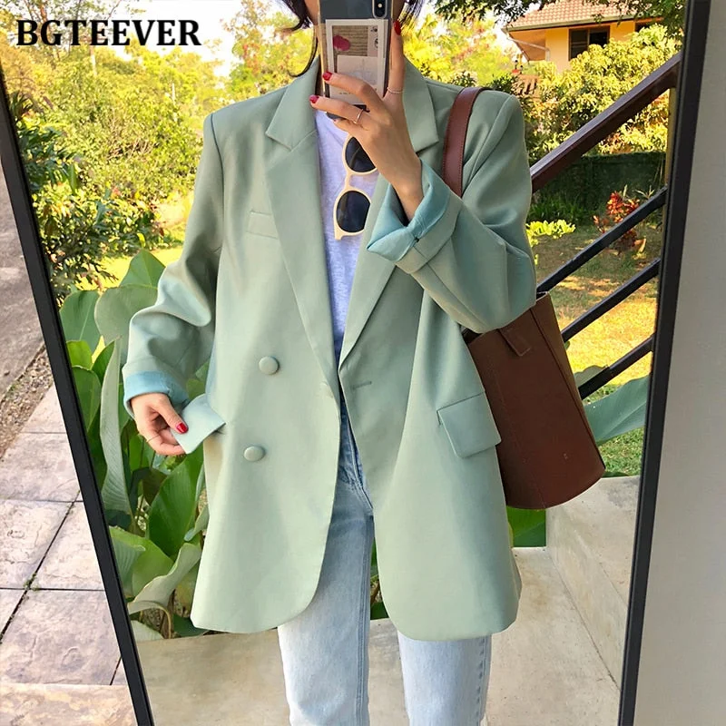 BGTEEVER Chic Loose Light Green Women Blazer Summer One Button Female Suit Jacket Full Sleeve Outwear blaser femme 2021