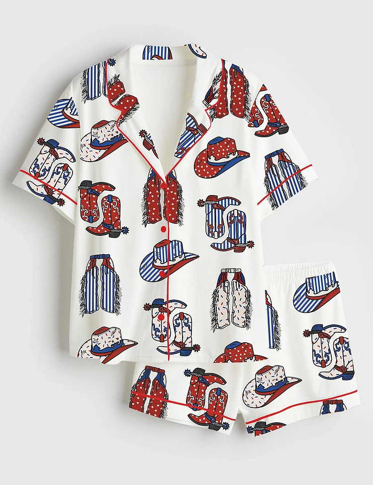 Women&rsquo;s Boots Chaps Cowboy Hats Western 4th Of July Short Sleeve Satin Pajama Set