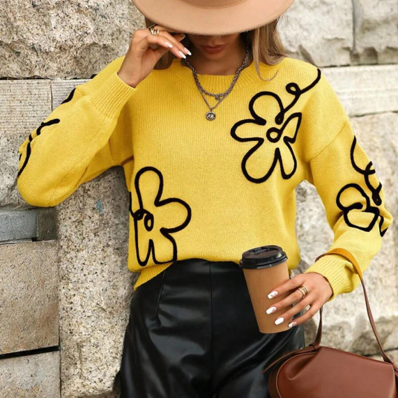 Athvotar Athvotar And Winter New Women's Sweater Fashion Flowers Three-Dimensional Embroidered Round Collar Long-Sleeved Knitted Shirt Woman