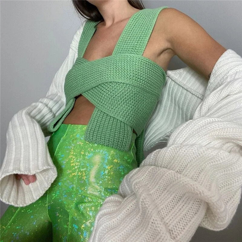 Sampic Fashion 2020 Winter Bandage Sexy Knitted Green Women Sweater Vest Off Shoulder Pullover Cropped Sweater Tops Jersey Mujer