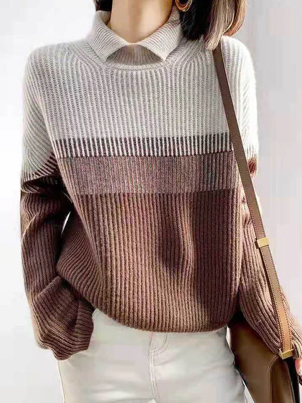 Original Contrast Color Gradient High-Neck Long Sleeves Sweater Top