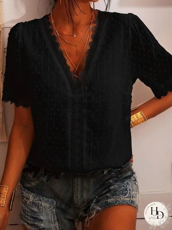 Deep V-neck Embroidered Lace Chiffon Blouse