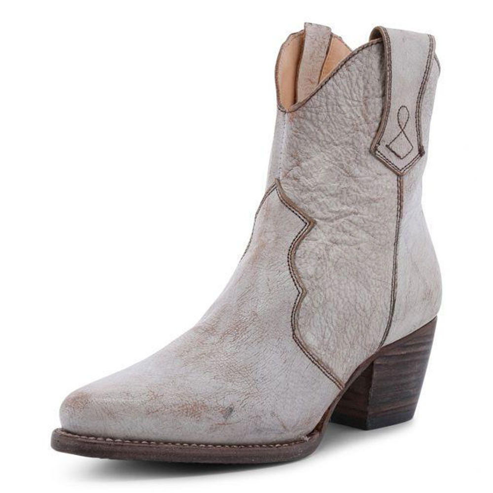 Light Grey Distressed Almond Toe Chunky Heel Cowgirl Ankle Boots Nicepairs