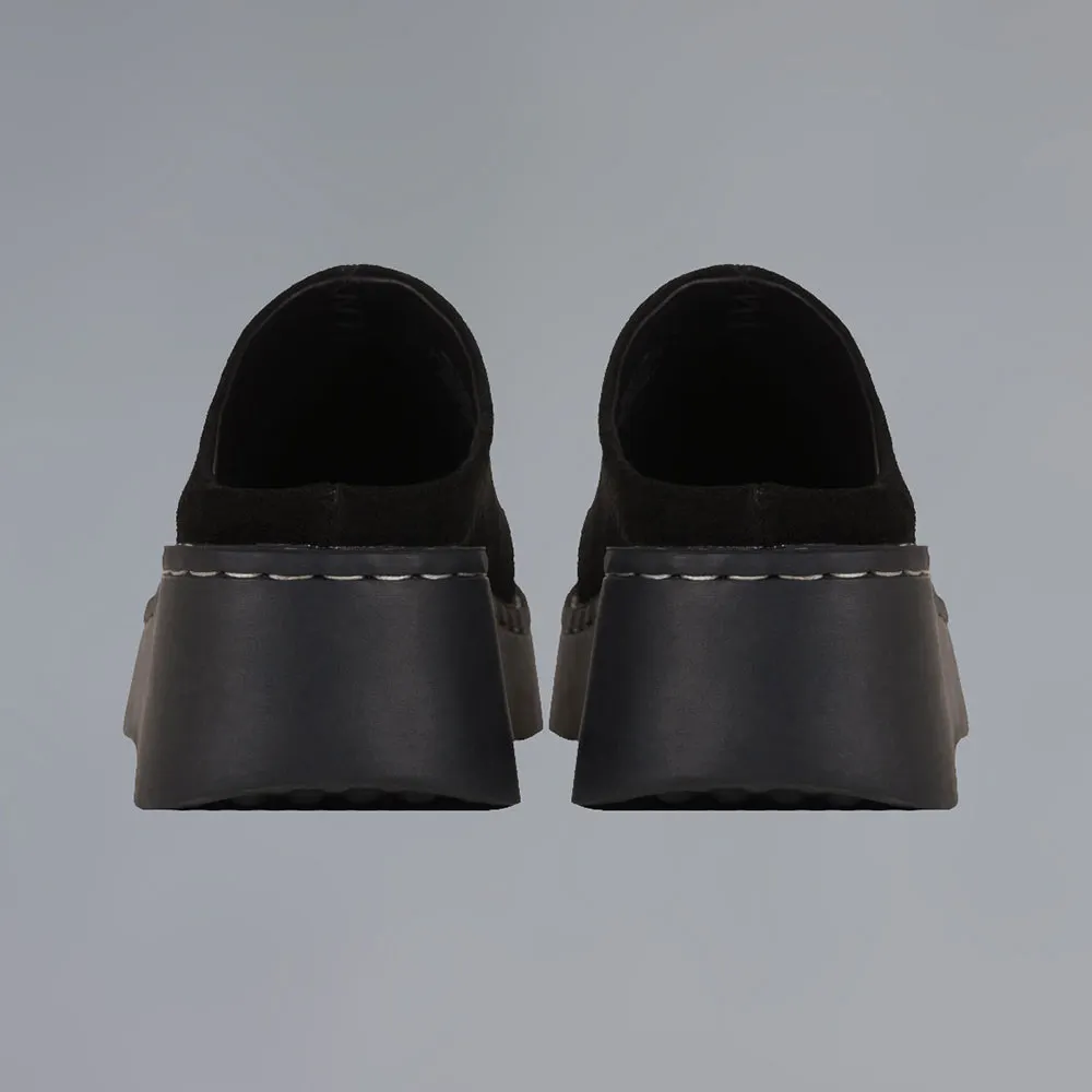 Women's Black Vegan Suede Round Toe Wedge Heel Platform Mules