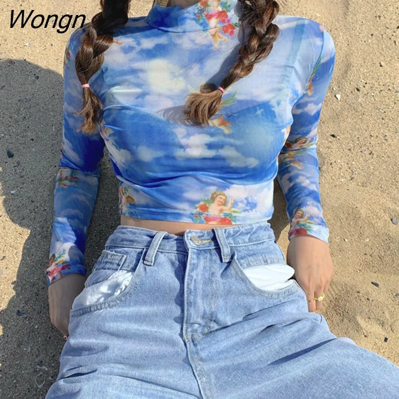 Wongn Women Long Sleeve T-shirts Sexy Mesh Angell Print Sheer High Street Crop Tops Girls Summer Thin Vintage Slim Basic Streetwear