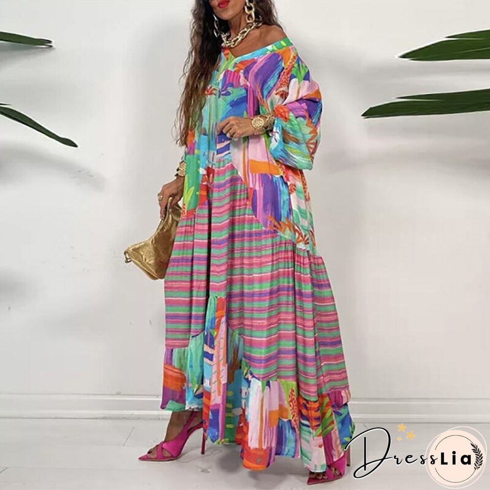 Women Vintage Bohemian Printed Long Dress Autumn Casual Half Sleeve V Neck Loose Dress Ladies Fashion Draped Big Hem Dresses New