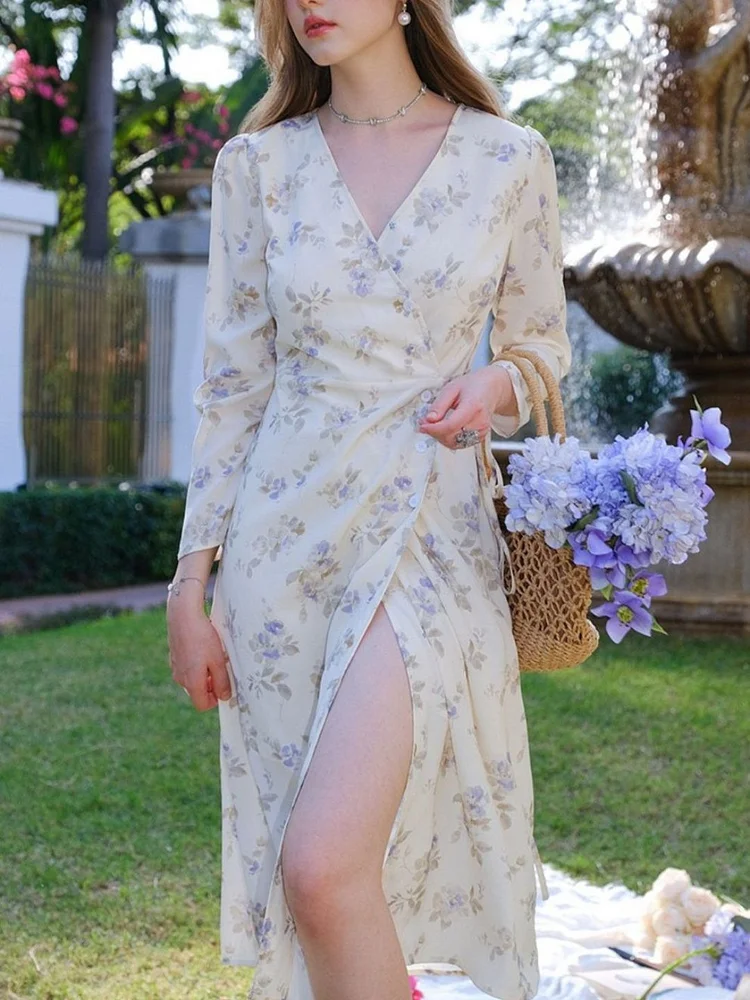 V-neck Crossover Long-sleeved Dress