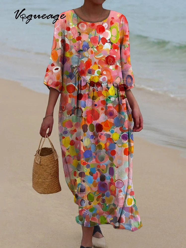 Beautiful Gentle And Comfortable Spots Printed Women's Casual Cotton And Linen Dress