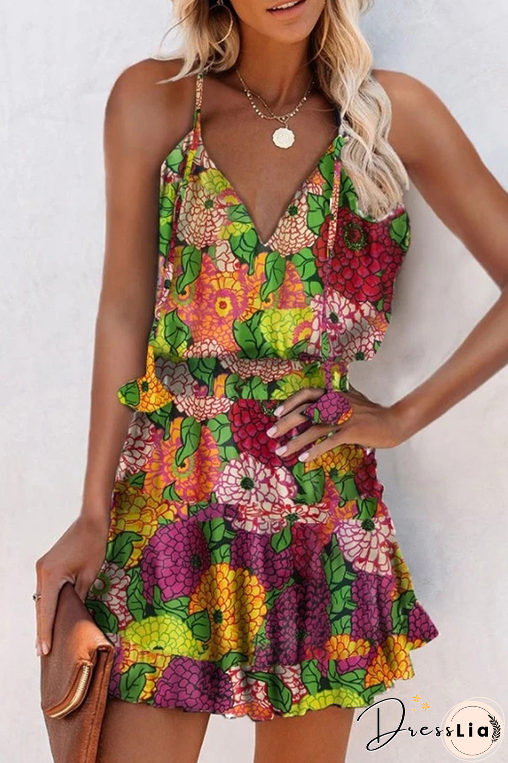 Fashion Street Floral Frenulum V Neck A Line Dresses(5 Colors)