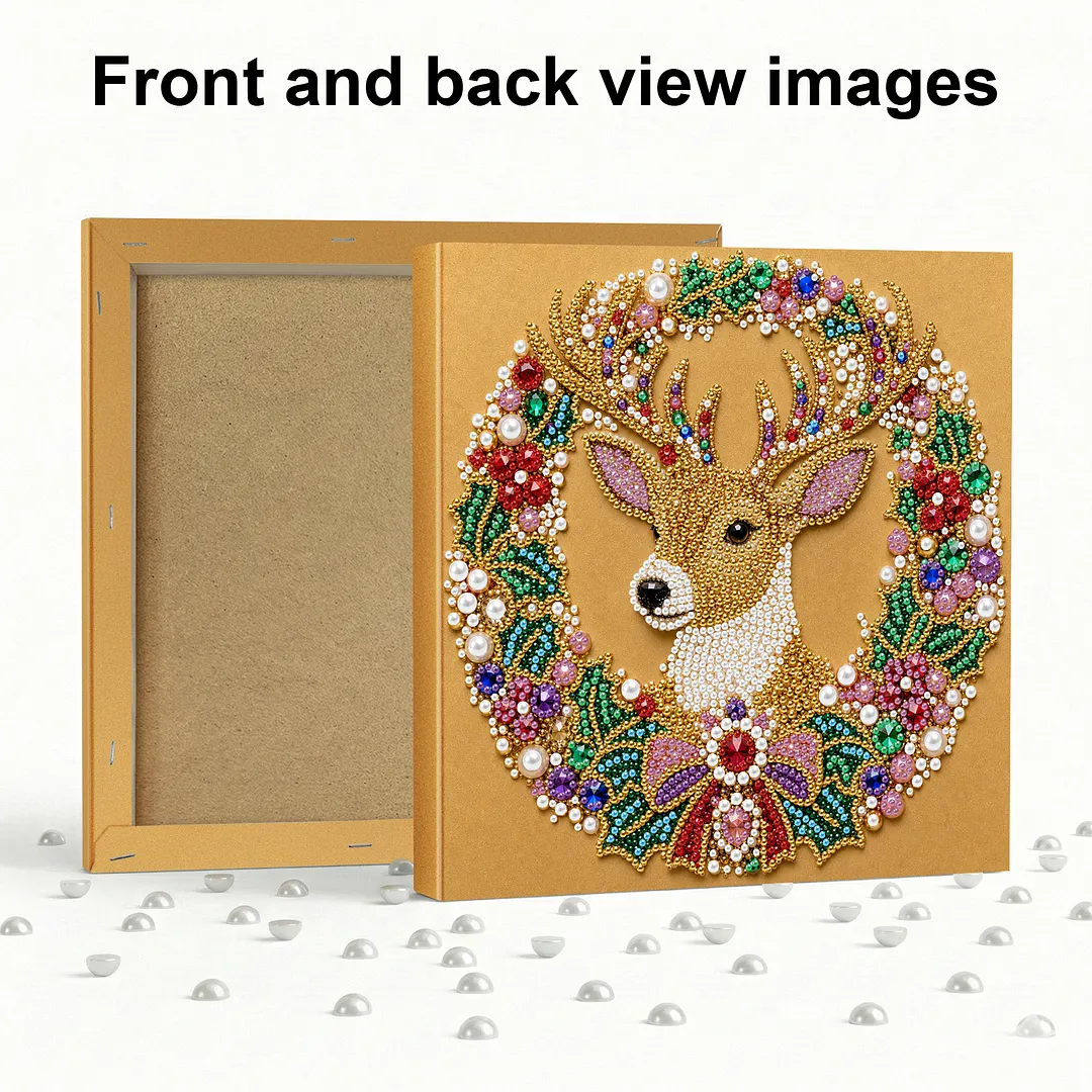 Christmas Reindeer Wreath Framed Pearl Painting Kit 25x25cm for Adults