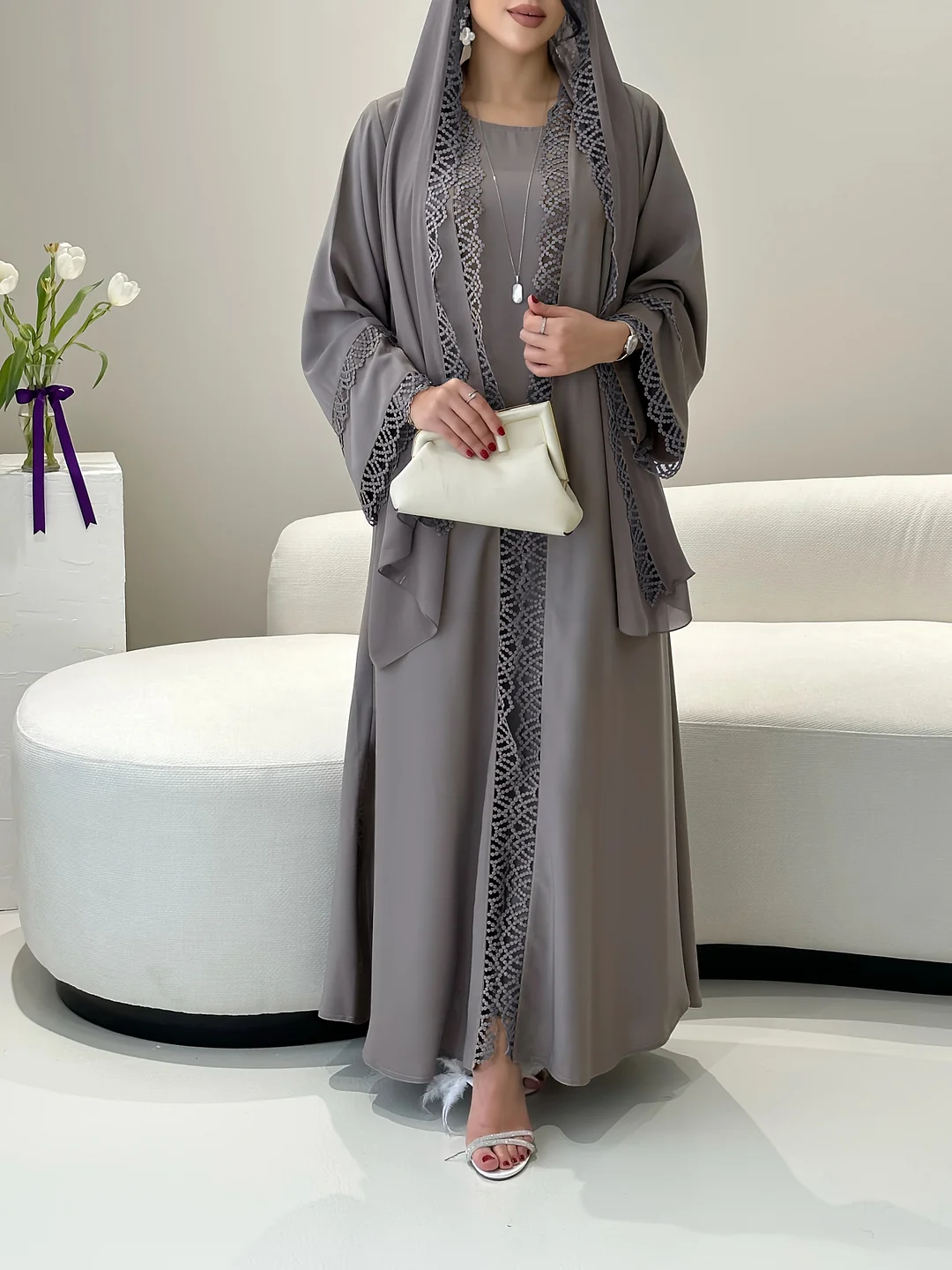 2pcs Muslim Kaftan Set With Lace Trim | Plus Sleeveless Vest Skirt, Headscarf, For Ramada, Muslim Fashion | IFYHOME