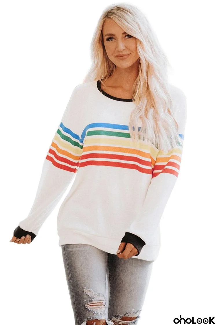 Rainbow Print White Long Sleeve Top