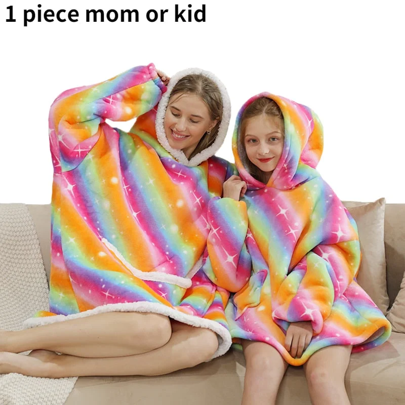 Sherpa Blanket Hoodie Family Oversized Homewear Fleece Warm Thick Girls Sleepwear Cartoon Printed Hoody Sweatshirt TV Blanket
