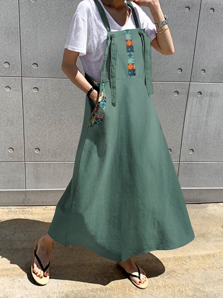Vintage Printed Side Pockets Straps Sleeveless Maxi Dress - Life is Beautiful for You - SheChoic