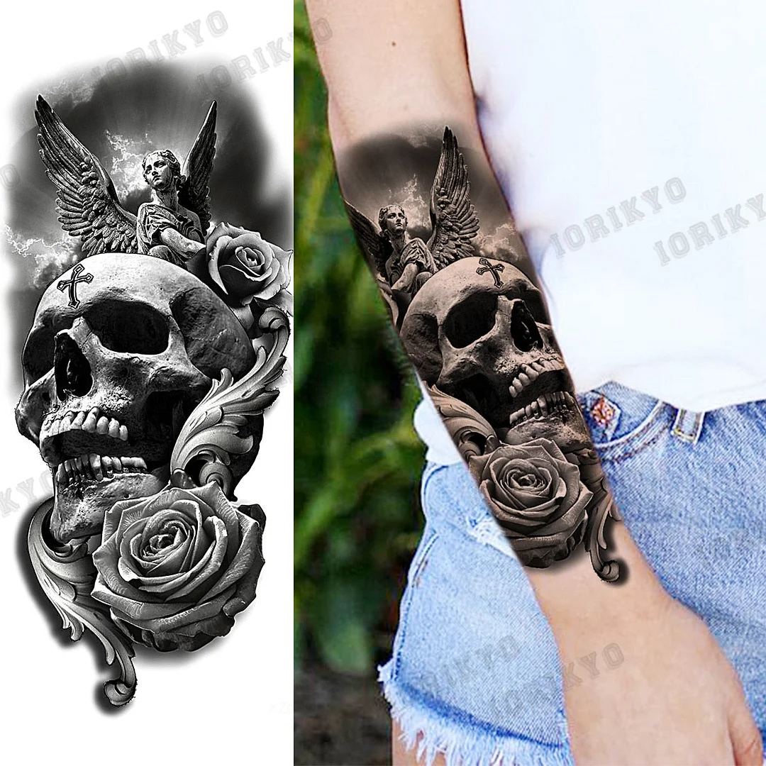Realistic Devil Skeleton Temporary Tattoos For Men Adult Women Wolf Compass Gangster Fake Tattoo Washable Body Art Tatoo Sticker