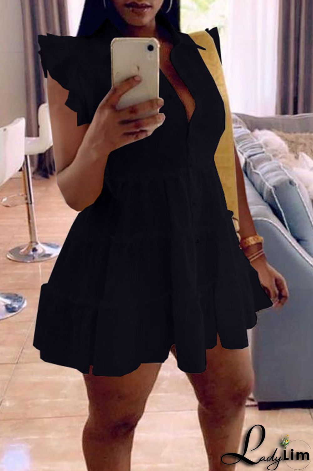 Black Casual Solid Split Joint Buckle Flounce Turndown Collar A Line Dresses