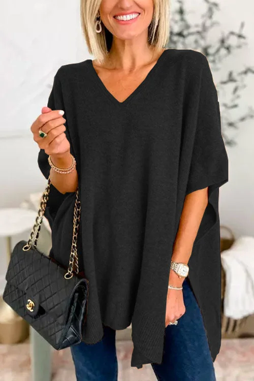 LaChicest V Neck Loose Fit Solid Poncho Sweater  socialshop
