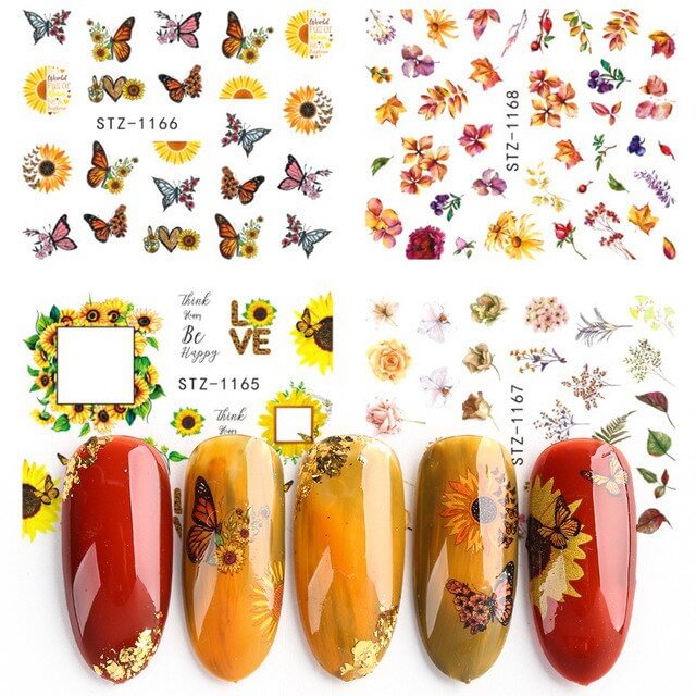 Nail Stickers Water Transfer Summer Dried Flowers Butterfly Designs 4Pcs/Set Nail Decal Decoration Tips For Beauty Salons