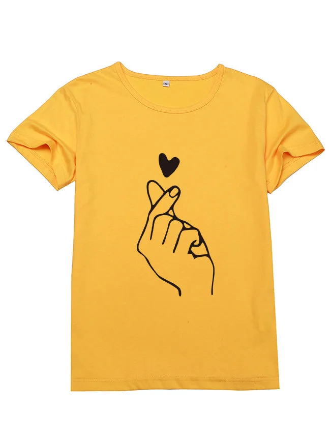 Round Neck Finger Heart Floral Short Sleeves T-shirt