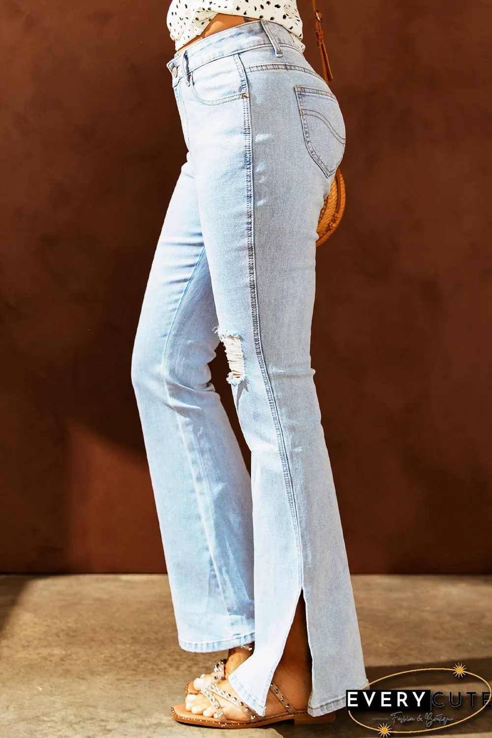 Sky Blue Black Ripped Slit Legs Flare Jeans