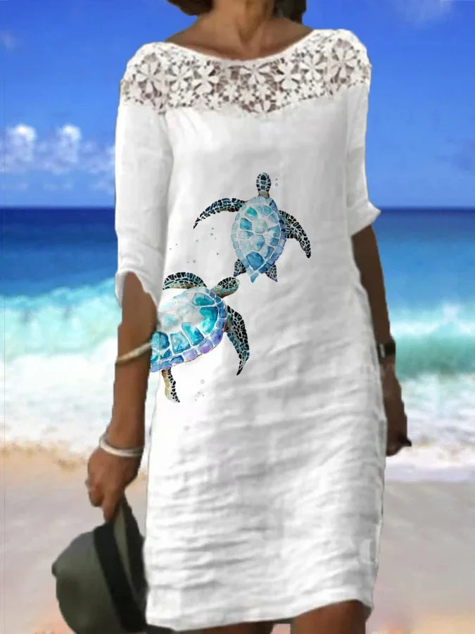 Women'S Beach Turtle Print Lace Cotton Dress