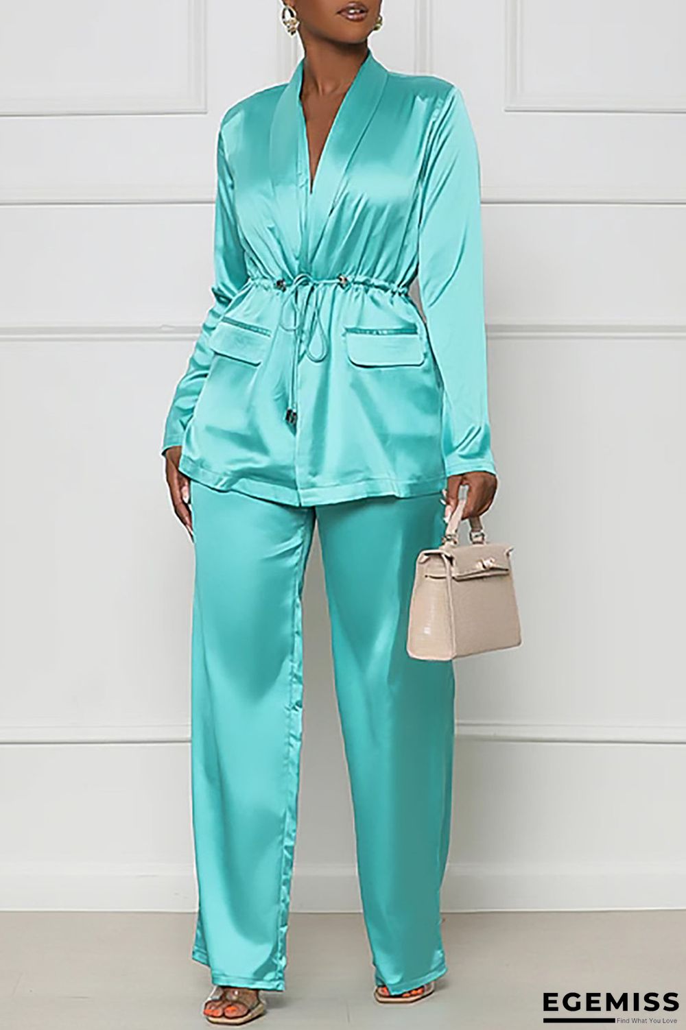 Sky Blue Casual Solid Patchwork Turndown Collar Long Sleeve Two Pieces | EGEMISS