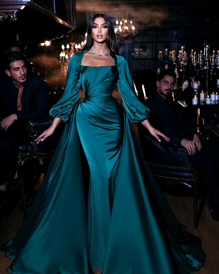Oknass Glamorous Satin Square Neck Long Sleeves Long Pleated Prom Dress 