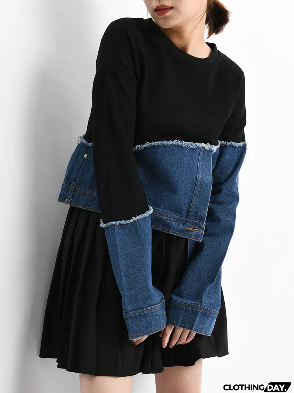 Women Loose Asymmetrical Denim Patchwork Contrast Casual Top