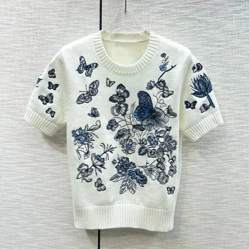 Huiketi Summer Butterfly Flower Embroidery Sweaters Women's Knit Tops Design Runway O-Neck Short Sleeve Pullover Knitwear Mujer
