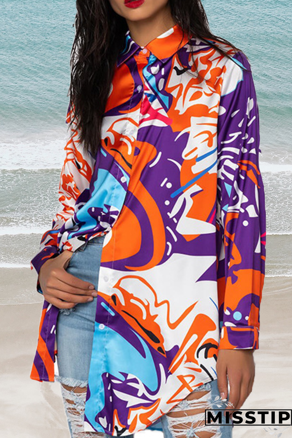 Red Casual Print Patchwork Turndown Collar Tops