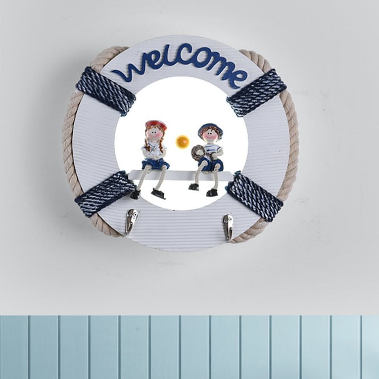 Life Buoy Wood Sconce Light Fixture Cartoon LED White Wall Mount Lamp in White/3 Color Light