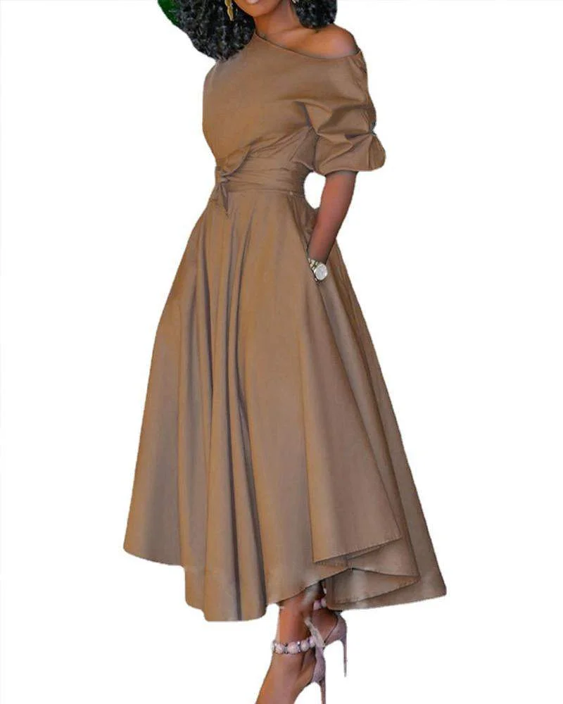 One-shoulder Tie-waist Midi Dress