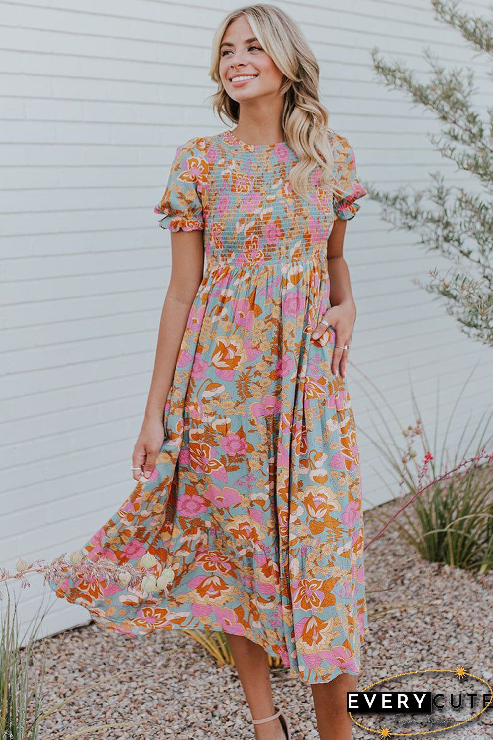 Sky Blue Floral Bubble Sleeve Smocked Flowy Ruffle Dress