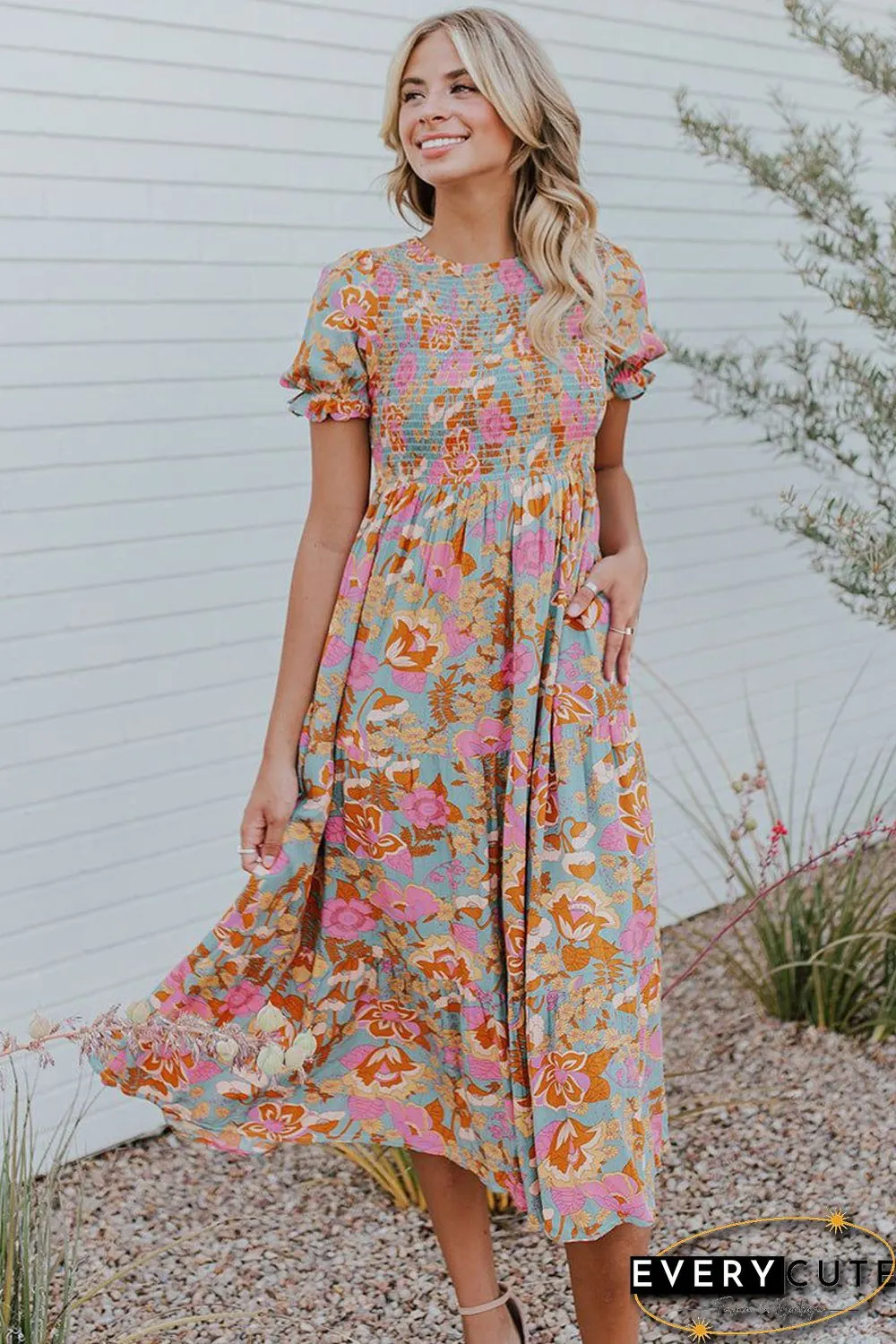 Sky Blue Floral Bubble Sleeve Smocked Flowy Ruffle Dress