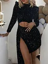 Shiny Long Sleeve Hollow Cropped Party Maxi Dress