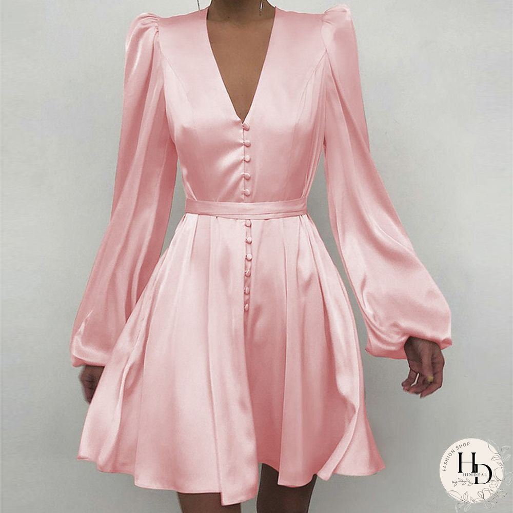 V-neck Temperament Slim Dress Lantern Sleeve Skirt