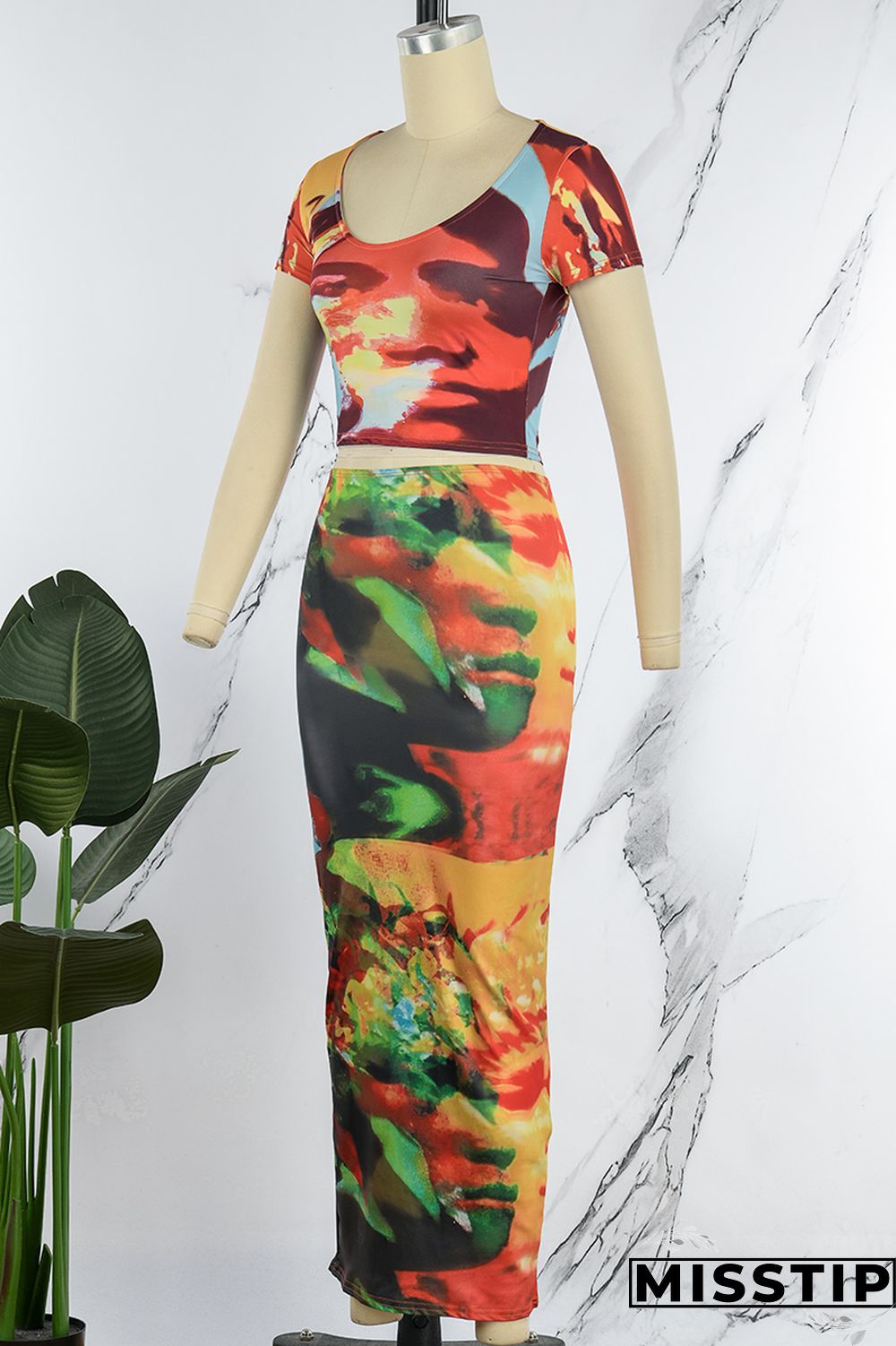 Colour Sexy Print Basic O Neck Short Sleeve Two Pieces